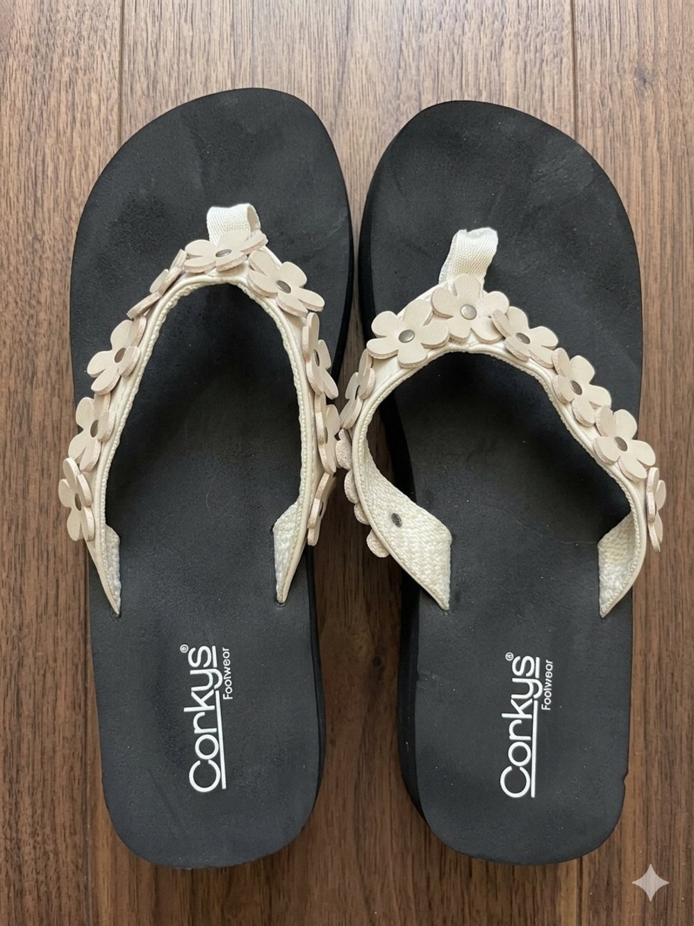 Corkys Women's Black Footbed Sandals with Cream Floral Straps